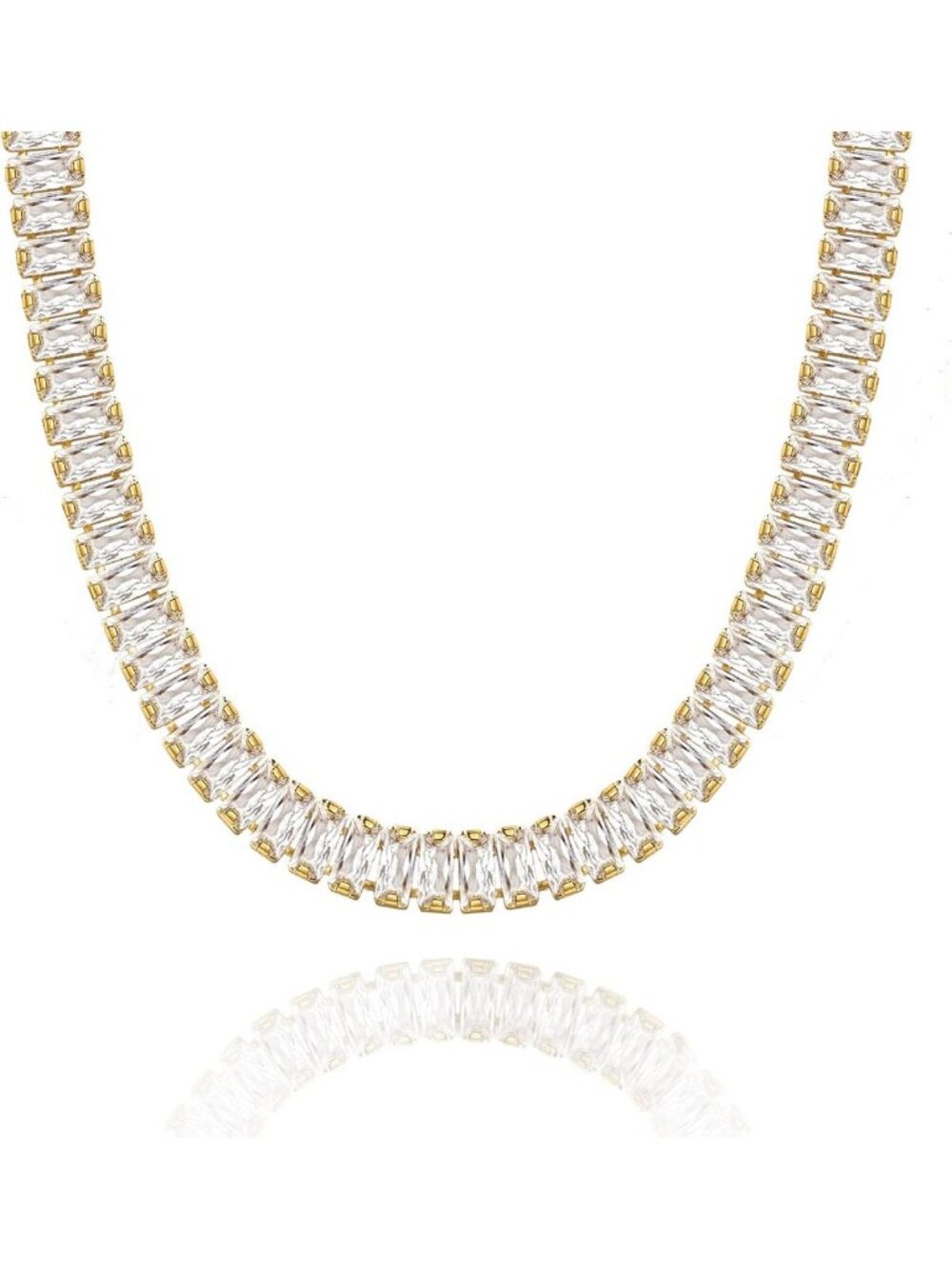 Elegant Tennis Necklace for Women | 14K Gold Plated CZ Baguette Chain, Chunky